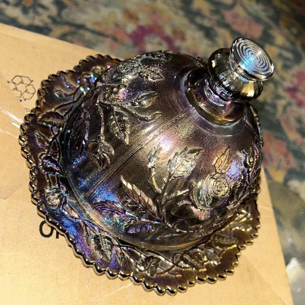 Imperial Glass Co. Lustre Rose Pattern Carnival Glass Round Butter Dish - Picture 2 of 10